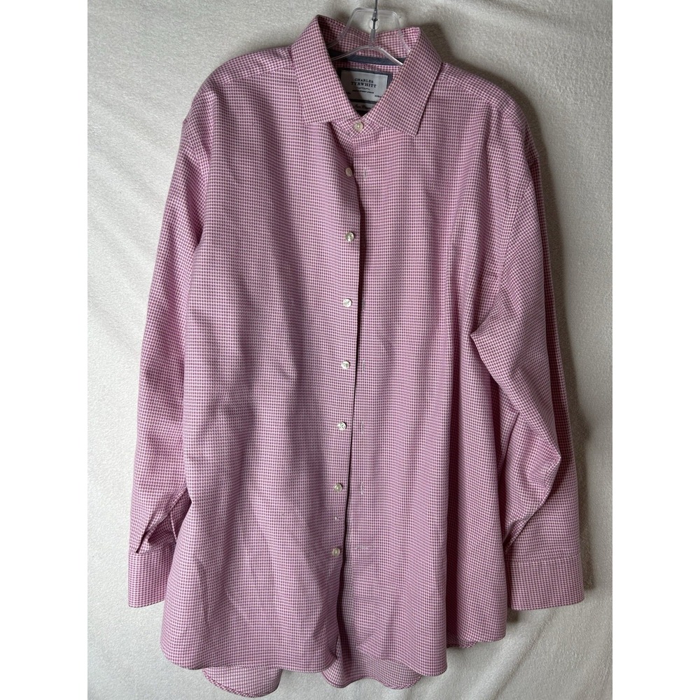 Charles Tyrwhitt Men's Pink Gingham Check Dress Shirt 17 1/2 Non-Iron, Long Slev